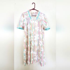 Kingly Women's Housecoat Snap Front Robe S/S Pastel Stripe Floral VTG 70s Size L